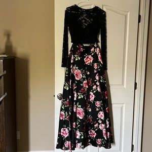 2 piece outfit . long fluffy skirt with a long sleeve lace top ( open back)